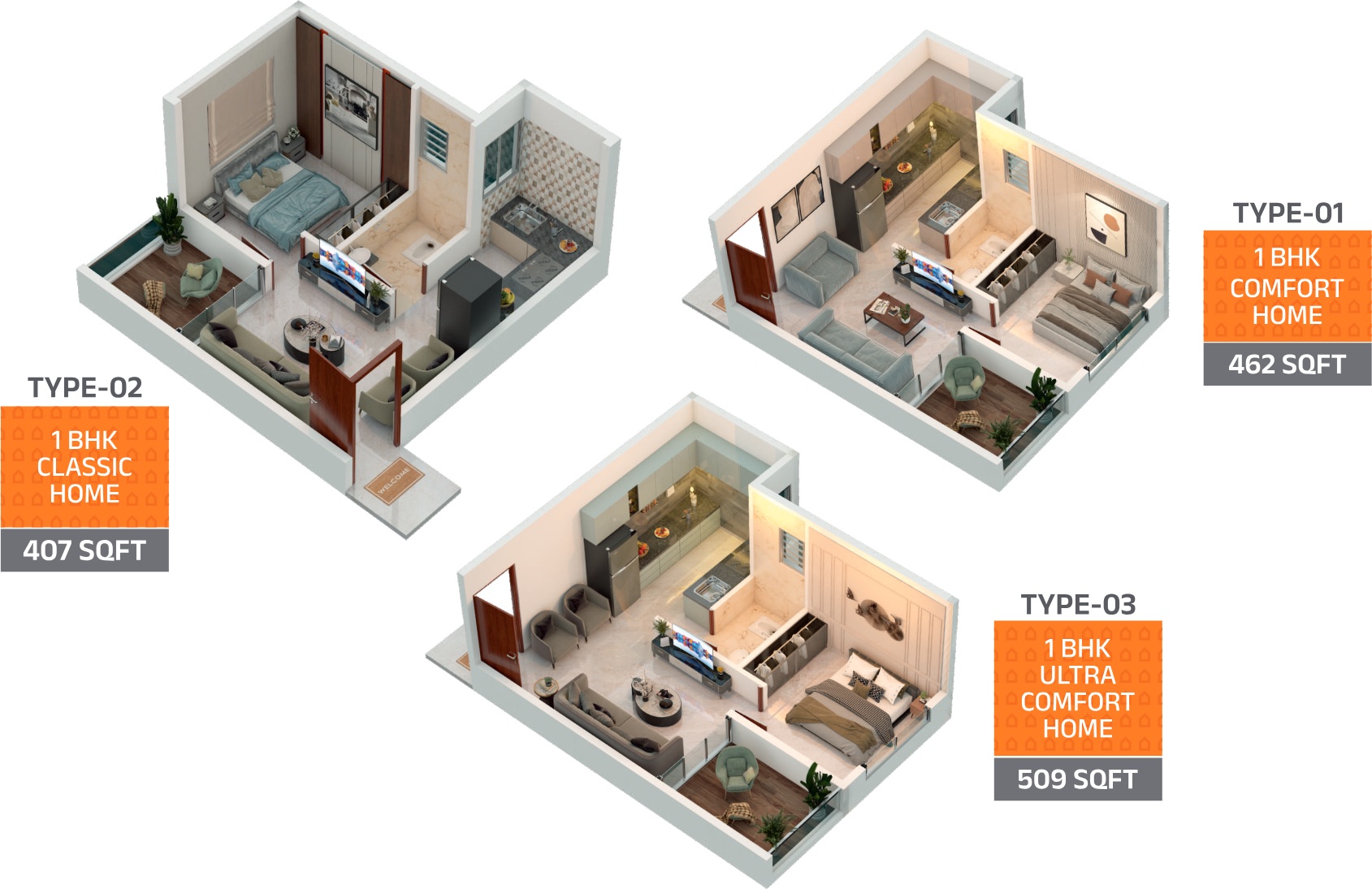 1 BHK isometric floor plan options at Aryan's Life One
