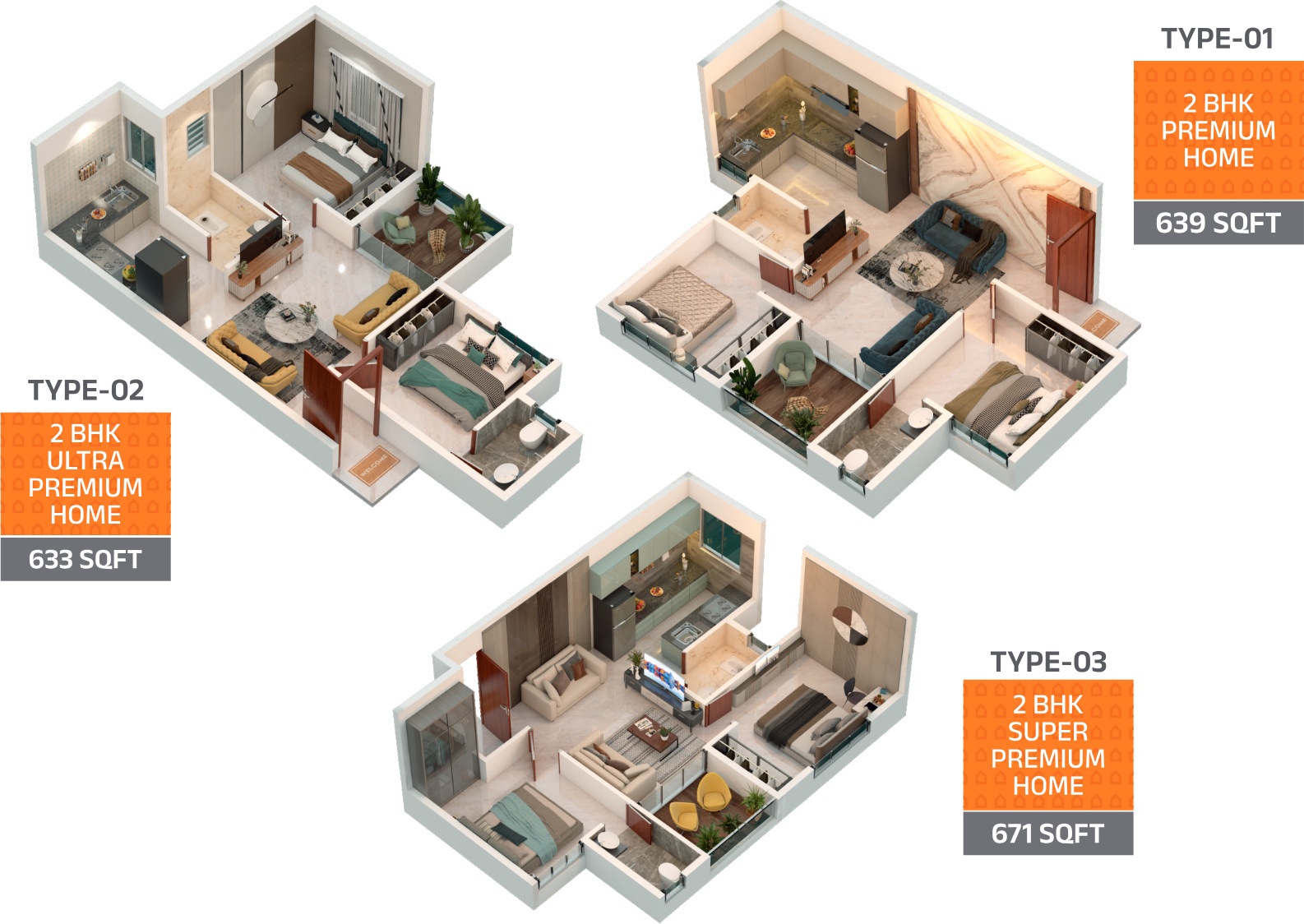 2 BHK isometric floor plan options at Aryan's Life One